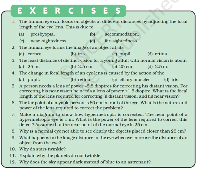 NCERT Solution For Class 10 Chapter 10 Human Eye and Colourful World Exercise